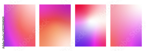 Warm bright gradient backgrounds. Purple, red, beige gradation template set. Vector heat map backdrop with light. Fashion multicolor wallpaper design. Glam abstract vertical posters collection.