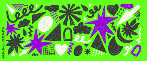 Abstract geometric neon colors shapes marker drawn sticker Collage doodle punk oval, twinkle, heart and grid set. Vector hand-drawn elements on green background. Squiggles and zigzag with arch bg.