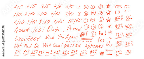 School exam marks icons. Teacher note hand drawn red set. Crayon drawn exam scribbles symbols. Educational marks, score, test results and excellent words. Vector fail and approved students check.