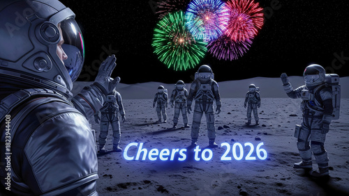 An astronaut watches his crew celebrate New Year 2026 on the moon under colorful fireworks. The glowing text 