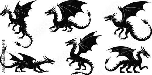 Set of dragon silhouettes, black mythical vector animals with wings, fantasy creature collection for logo, tattoo, heraldry, and medieval design.