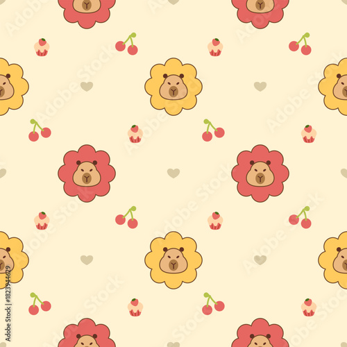 Face capybara on flower cartoon so cute. On cherry cupcake heart background. Pattern seamless vector illustration. 