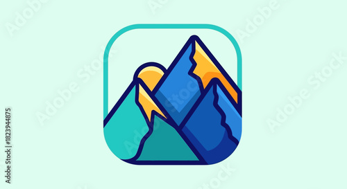 Stylized mountain range icon with a rising sun graphic.