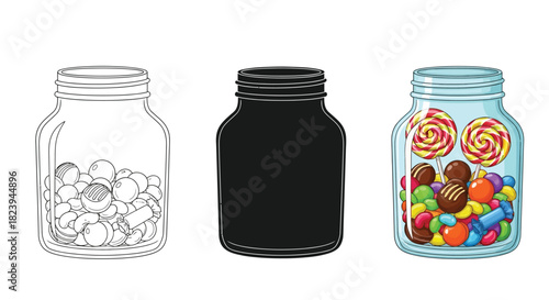 Three jars outline, black silhouette, and colorful jar with candies