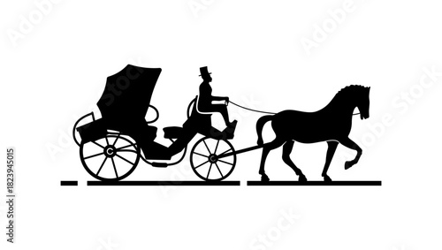 an antique carriage with a horse and a coachman in a top hat
