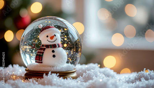 Snowman in festive snow globe with bokeh lights, surrounded by snowflakes, creating warm holiday atmosphere