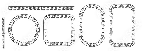 Greek doodle frames set. Hand drawn roman circle, oval and rectangle frame. Greek or Roman ancient motif border design. Ancient ornament elements. Vector illustration isolated on white background.
