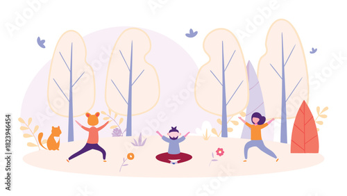 Children practicing yoga poses in a serene forest setting with vibrant green trees and a clear blue sky promoting health and nature connection