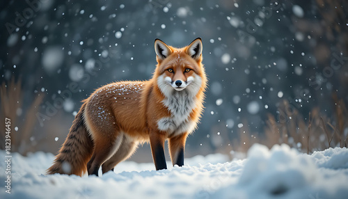 A red fox standing in snow with soft falling snowflakes, natural lighting, shallow depth of field, high-detail wildlife photography, commercial safe.