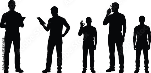 Title: Silhouette collection of diverse young male professionals standing, gesturing, and communicating while using modern digital technology like tablets and mobile phones on a 