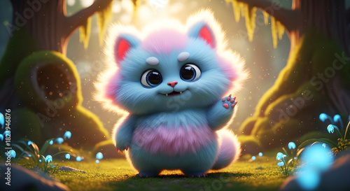 Wallpaper Mural Adorable smiling cute fluffy cat with big eyes waving a paw, saying hello, fun cartoon animal character in pink and blue colors in a forest among trees and flowers. Torontodigital.ca