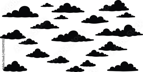 Stylized Black and White Cloud Silhouette Vector Graphics Set for Weather, Sky, Nature, and Cartoon Background Design Elements, Easy to Use, High Resolution, Modern.