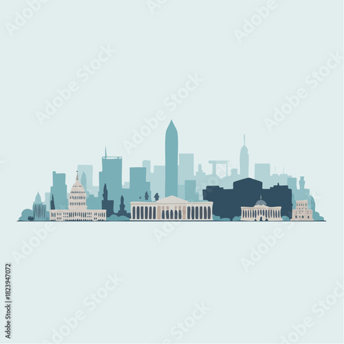 Stylized vector illustration of a city skyline featuring iconic government buildings in shades of blue and grey, representing a capital city.