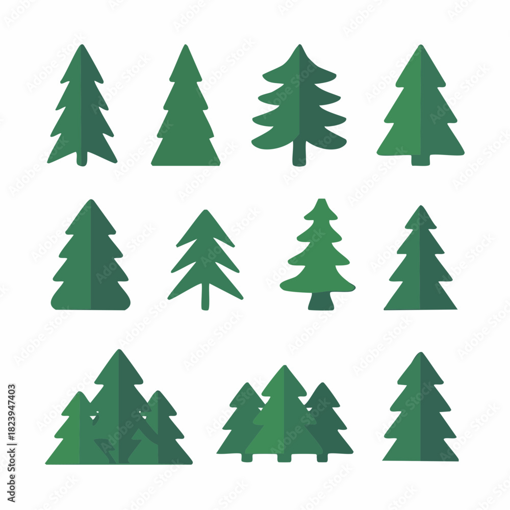 Fototapeta premium A collection of stylized green evergreen tree icons in various shapes and groupings, featuring a flat design aesthetic.