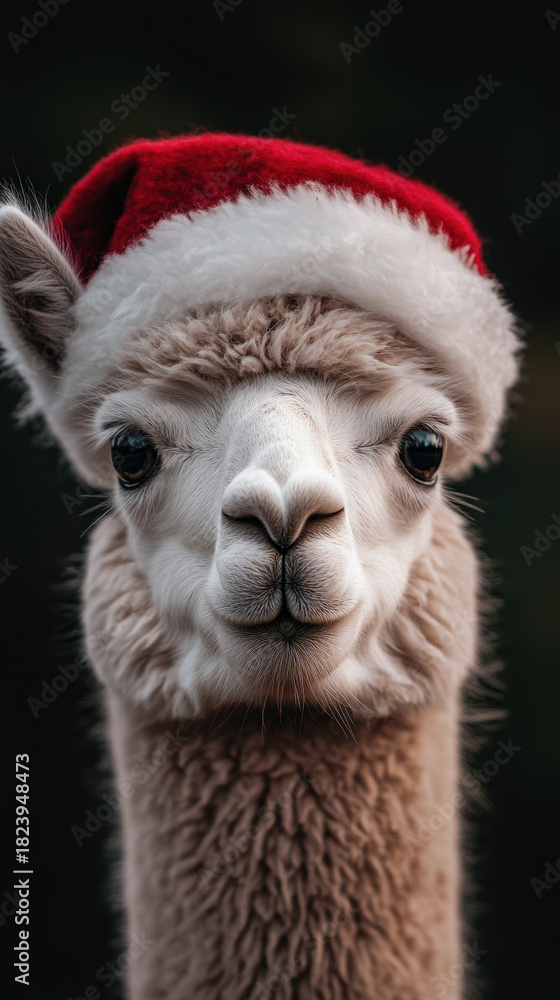 Naklejka premium Adorable Alpaca Wearing Santa Hat Celebrates Festive Season with Charm and Cuteness