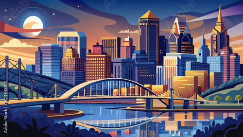 Very beautiful Pittsburgh, Pennsylvania skyline at dusk, featuring illuminated skyscrapers, iconic bridges, and the confluence of the Allegheny, Monongahela, and Ohio Rivers, captured in a clean, stoc