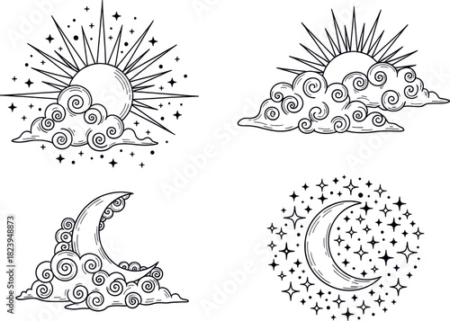 Mystical celestial set sun, moon, clouds, stars, handdrawn spiritual and astrological elements