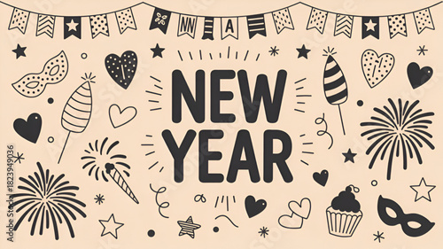 Hand-drawn New Year doodle illustration festive vector design with party elements perfect for holiday cards and social media graphics