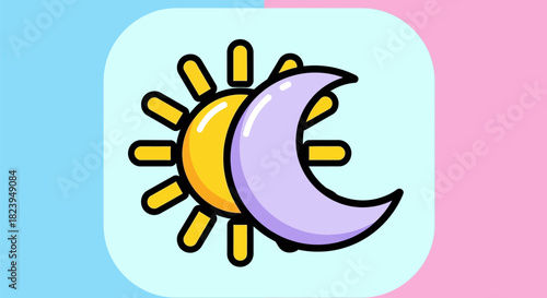 Sun and moon illustration representing day and night cycle in a cartoon style.