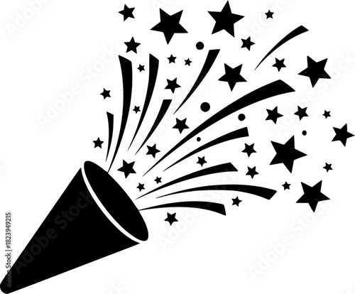 Black silhouette of a party popper bursting with rays of confetti and scattered