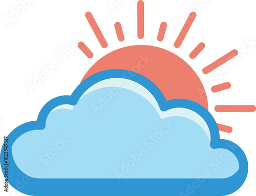 Vibrant illustration of a red sun peeking over a blue cloud, representing clear skies, morning, and optimism