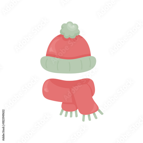 Vector winter hat and scarf set in red and green on white background. Includes pom-pom hat and fringed scarf. Perfect for seasonal clipart, cozy design sets, greeting cards, and festive illustrations.