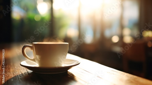 A creamy latte resting on a rustic wooden table with soft morning light in a cozy café setting.