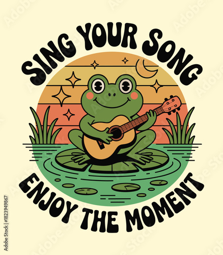 Frog playing guitar illustration on lily pad in pond with sunset and stars sing your song graphic design t-shirt design