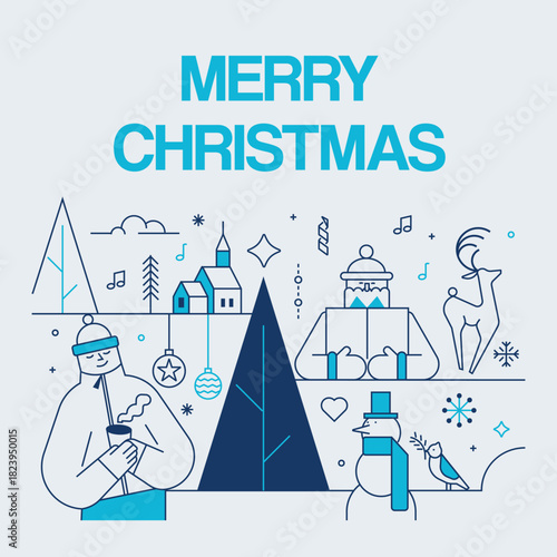 Festive Christmas Illustration with a Snowy Landscape and Holiday Icons for Greeting Cards and Winter Celebrations