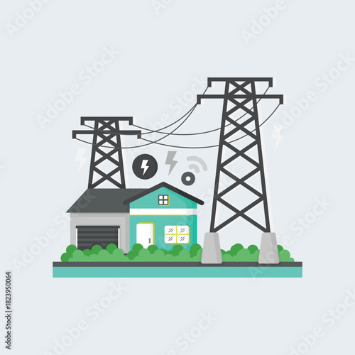 Vector illustration of a modern smart home connected to an electrical power grid with high-voltage transmission towers and energy symbols