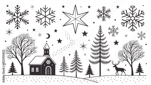 Enchanting winter scene with snowflakes, stars, trees, church, and deer, perfect for holiday cards and festive designs, originally a scalable vector graphic