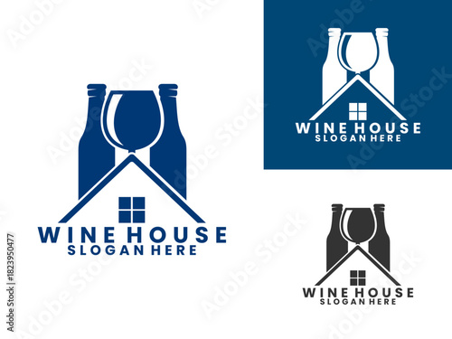 Wine combination with house, bar club logo design vector template. Wine house logo design vector