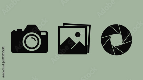 A digital illustration of a camera, photos, and an aperture on a light green background icon set