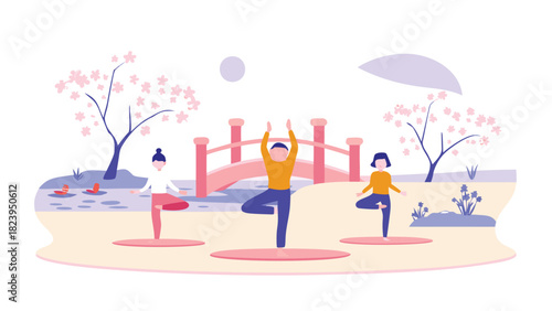 Children practicing mindful yoga poses in a serene japanese zen garden surrounded by raked sand and bamboo elements promoting tranquility and well being
