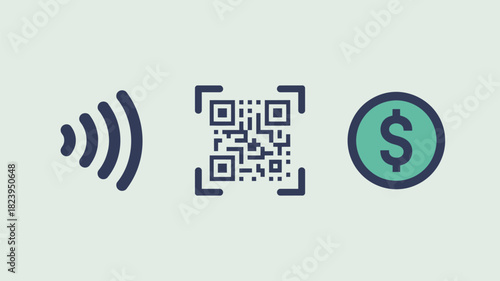 Illustration of contactless payment symbol qr code and dollar coin on a light background surface