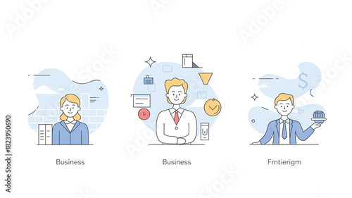 Set of business people vector illustrations flat line design concept for business finance and entrepreneurship isolated on white background