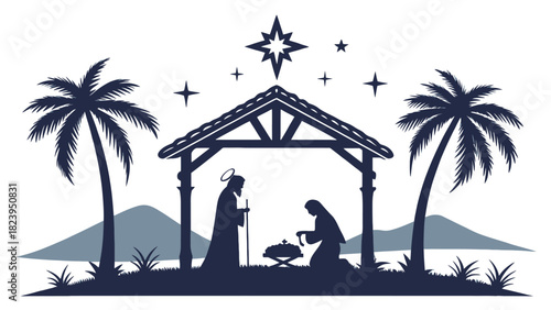 Serene nativity scene with Mary, Joseph, baby Jesus, and palm trees under a bright star, captures the peaceful wonder of Christmas in silhouette