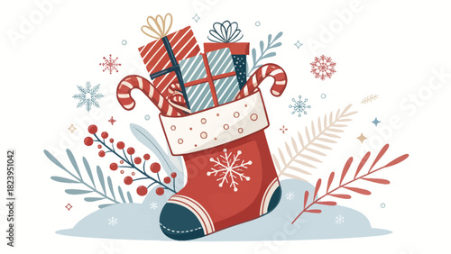 Festive Christmas stocking overflowing with gifts and candy canes, a holiday treat, spreading joy and warmth this winter season, originally vector graphic