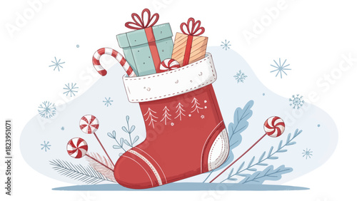 Festive Christmas stocking overflowing with colorful gifts and sweet candy canes, perfect for holiday cheer and seasonal joy, a delightful Christmas surprise