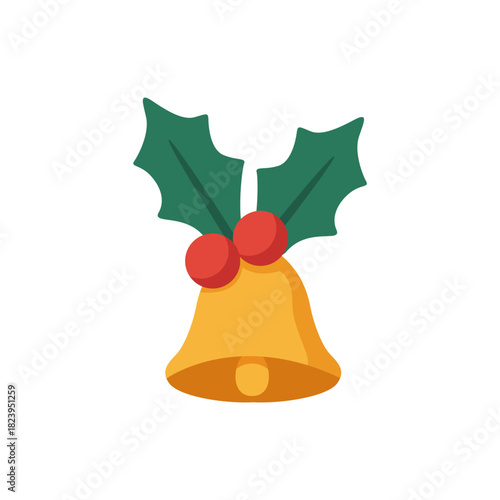 Flat Christmas bell icon with holly leaves and red berries, perfect for holiday decorations, festive greeting cards, winter celebrations, seasonal marketing materials, and cheerful Christmas design el