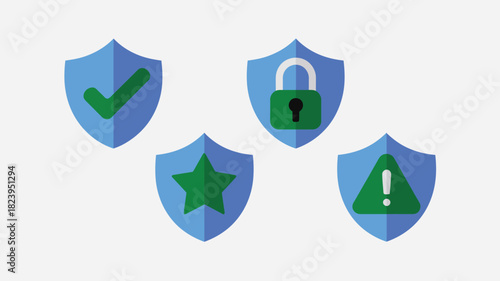 Four blue shields displaying a green checkmark, padlock, star, and exclamation point on a white background