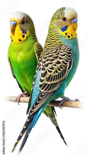 Two vibrant budgerigars perched on a branch, isolated.