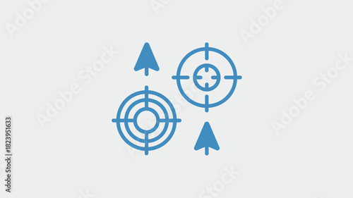 A simple graphic featuring two target icons and two arrow icons in a light blue color on a white background