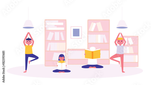 Charming book characters in various yoga poses illustrating a serene and playful scene perfect for children s books educational materials or wellness themed designs
