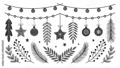 Festive holiday magic with charming botanical ornaments and twinkle lights, perfect for elegant Christmas designs and winter celebrations from this vector art