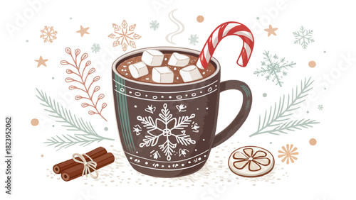 Cozy winter delight with hot cocoa, candy cane, and cinnamon sticks, perfect for festive holiday designs and celebrating seasonal cheer with warmth