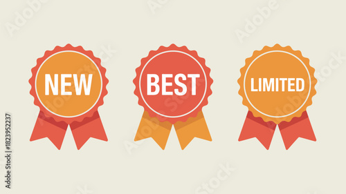 Three promotional badges with new best and limited text on a light background in a flat design style