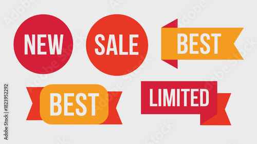 A set of promotional badges with new sale best and limited text in red and orange on a light background