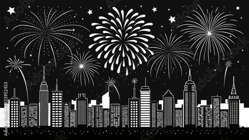 Celebrate the New Year with a stunning cityscape silhouette under a vibrant firework display, perfect for holiday greetings and event promotions