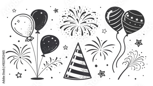 Celebrate with festive balloons, joyful fireworks, and a stylish party hat, perfect for birthdays, New Year's Eve, and special occasions